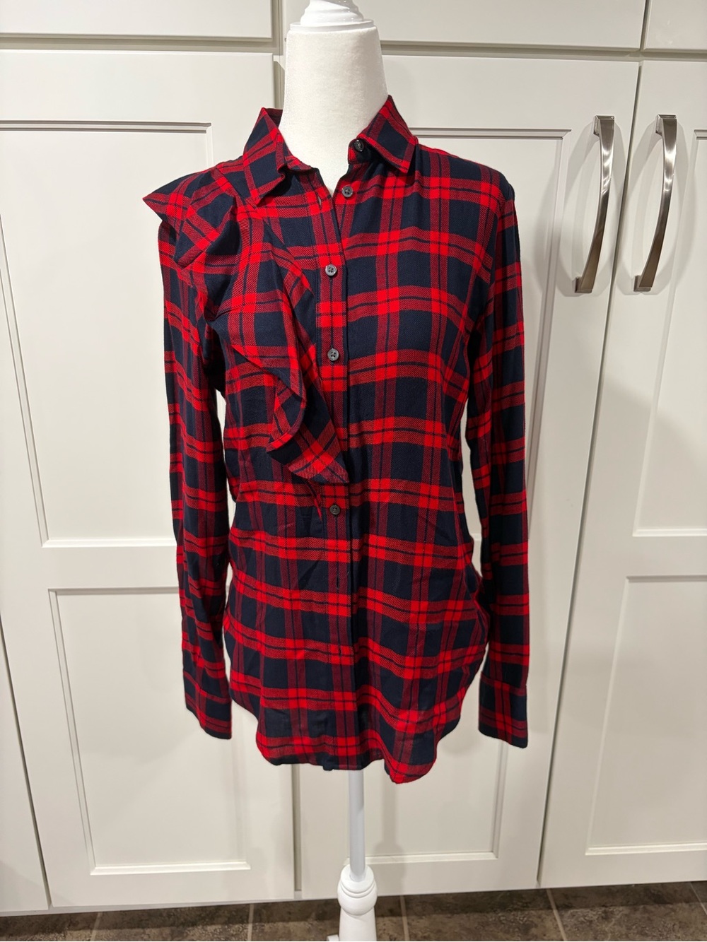 Banana Republic Red and Black Dillon Plaid Ruffle Button-Down Shirt